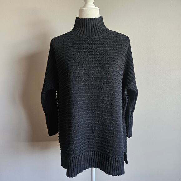French Connection Sweater Womens‎ M Black Cotton Ribbed Mock Neck Chunky Tunic - Picture 1 of 8